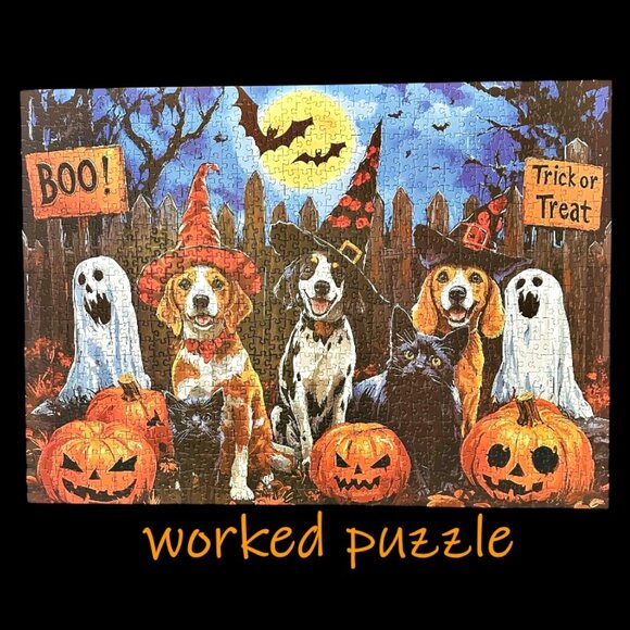 Halloween Jigsaw Puzzle 1000 Piece Cat Dog Party MINT MINT w Poster COMPLETE!!! - Picture 1 of 9